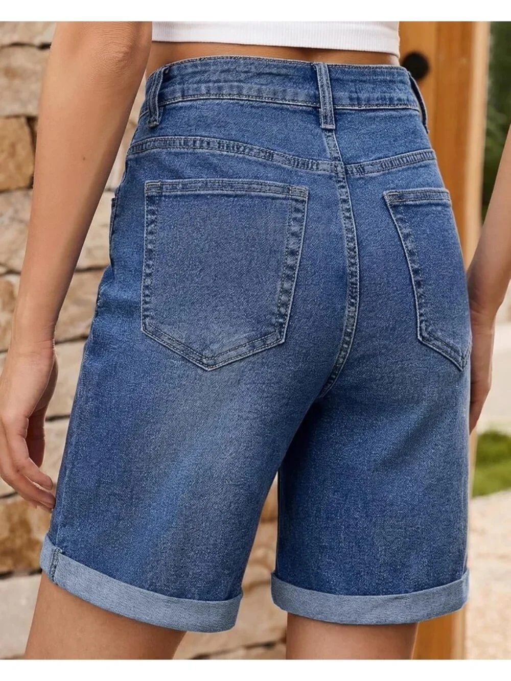 Women's Blue High Waisted Fold Hem Stretchy 5 Basic Pocket Long Denim Shorts